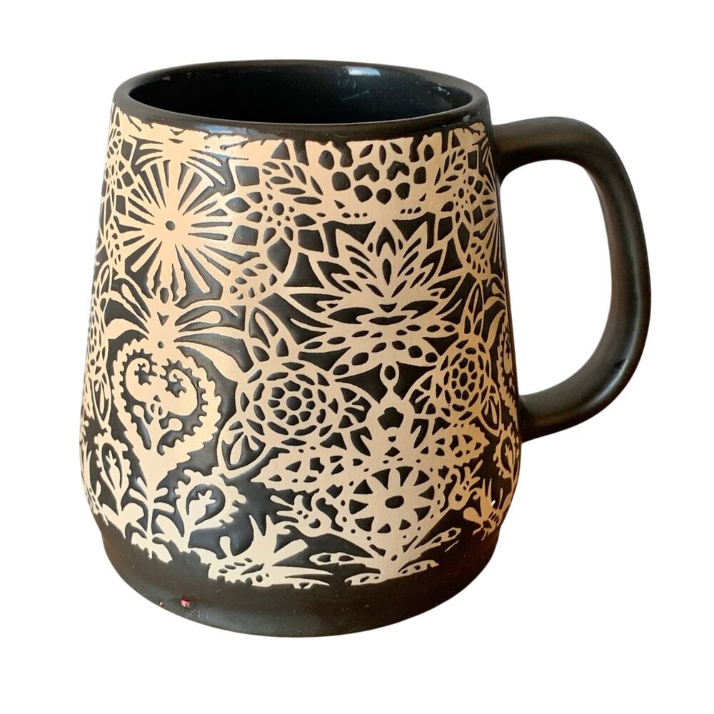 Opal House Stoneware Coffee Mug Large Black Cream Stencil Design Floral Etched
